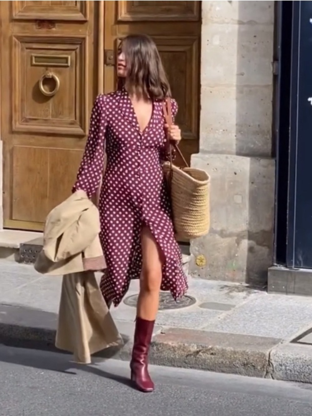 Rouje Clementine Dress Burgundy Cream Polka Dot Long Sleeve Midi Size 36